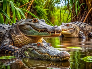 Fototapeta premium A large, ancient alligator and a long, snouted crocodile bask together in the murky waters of a swampy