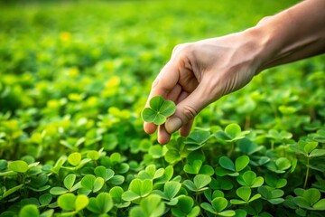A lone hand delicately searches through a lush green field of clover, fingers gently parting leaves, on a