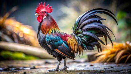 Fototapeta premium A majestic black rooster with vibrant plumage and sharp talons stands proudly, feathers ruffled, ready for battle in