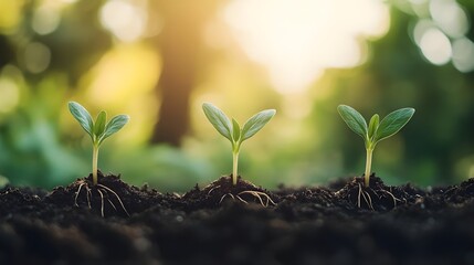 Three young plants emerging from soil, symbolizing growth and renewal in nature, with a bright, warm background.