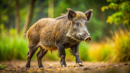 A majestic jabali, also known as a Indian wild boar, roams freely in its natural habitat, displaying its