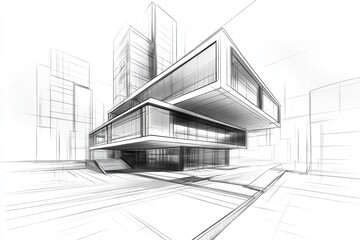 Line art illustration showcasing a modern architectural design in a three dimensional perspective