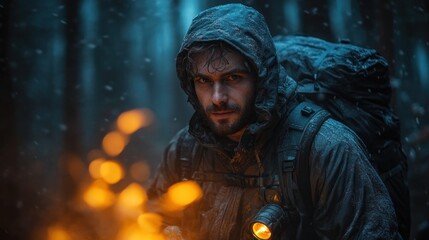 Fototapeta premium A rugged man in a raincoat stands near a glowing fire in the woods.
