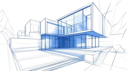 Line art illustration featuring architectural drawing concept with a 3D sketch representation