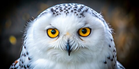 Obraz premium A majestic snowy owl's face, with piercing yellow eyes and fluffy white feathers, gazes directly at the camera,