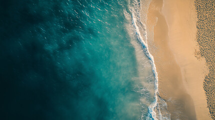 Turquoise ocean water meeting golden sand on tropical beach aerial view