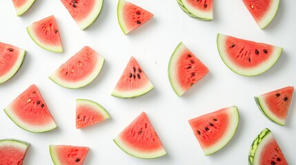 Juicy watermelon slices scattered on white background, creating a refreshing summer pattern. Perfect for healthy eating and fruit designs.