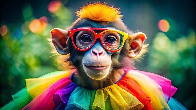 A mischievous monkey wearing a brightly colored tutu and oversized sunglasses strikes a playful pose, showcasing its