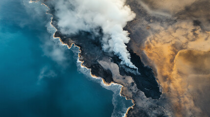 Aerial view of volcanic landscape with lava flowing into ocean