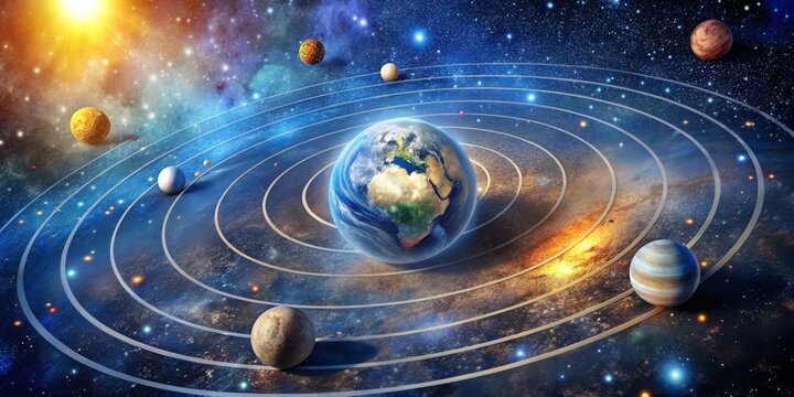 Ancient illustration depicts the Earth at the center of the universe, surrounded by orbiting planets and stars,