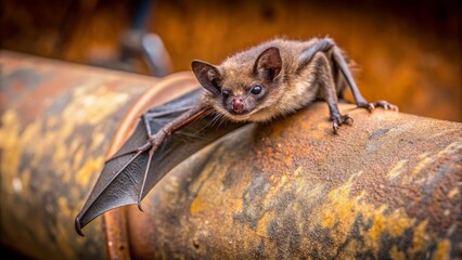 Obraz premium A nocturnal brown bat clings to a worn, rusty metal pipeline, its tiny claws gripping the weathered surface