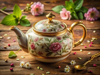 Antique-style ceramic teapot with ornate floral patterns and golden accents sits on a rustic wooden table, surrounded