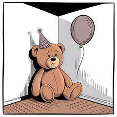 A lonely teddy bear sitting in the corner of a room, Comics Illustration