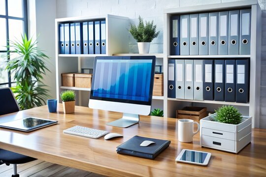 A organized workspace with a computer, external hard drives, and a neatly arranged folder system, showcasing efficient