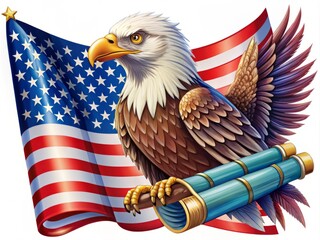 Naklejka premium A patriotic illustration depicts a bold, colorful eagle perched atop a scroll, grasping a quill, symbolizing freedom of