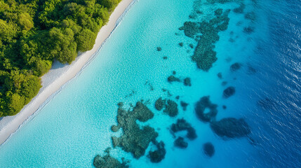 Drone photography capturing tropical island with white sand beach and coral reef