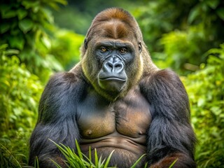 Fototapeta premium A powerful adult western lowland gorilla with thick fur and strong muscles sits calmly in a lush green