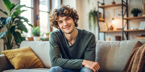 Fototapeta premium A relaxed young adult with a gentle smile and messy hair, lost in thought, sitting on a couch
