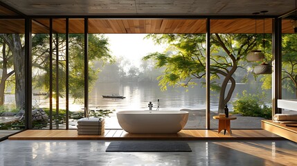 Modern bathroom with glass panels.
