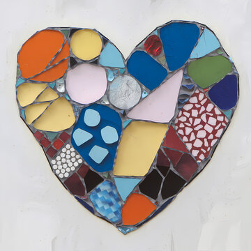 A mosaic heart with different colors and patterns, Collage illustration