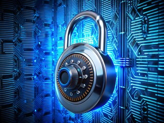 A secure digital lock with glowing blue circuits and a rotating wheel displays a numeric code, emphasizing the