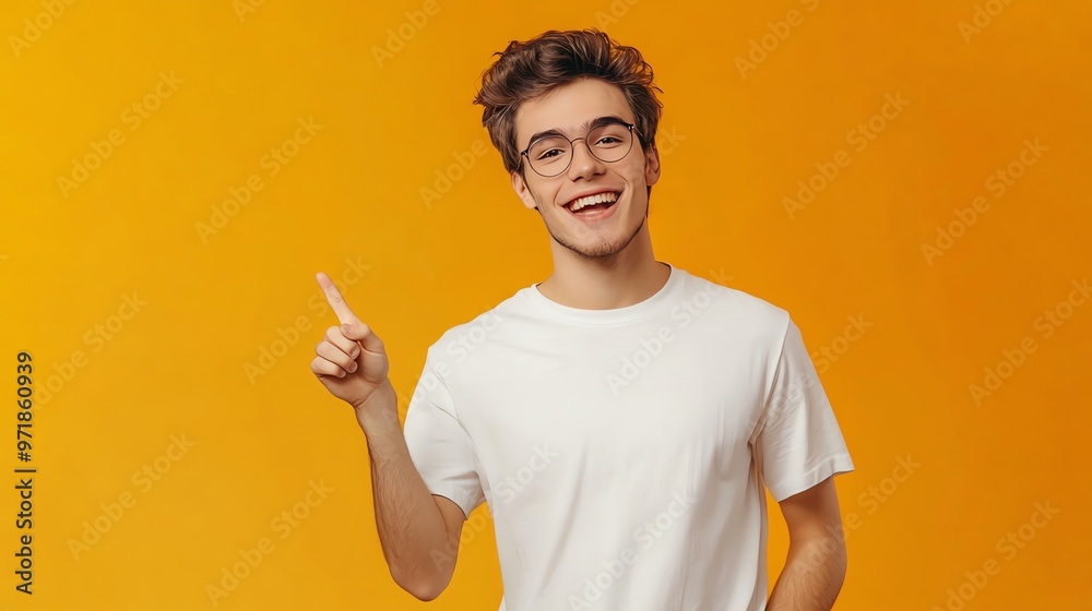 Wall mural Smiling young man in glasses pointing up on a yellow background.