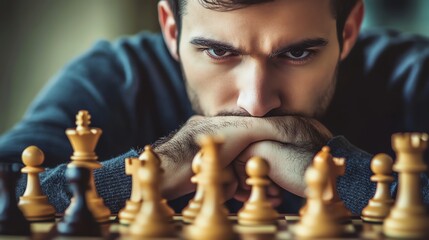 A man with a serious expression sits at a chessboard, pondering his next move.
