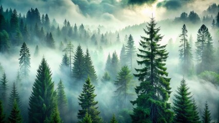 Fototapeta premium Fog drapes the verdant landscape, shrouding tall evergreen trees in an impenetrable veil, conjuring an aura of