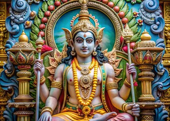 Obraz premium A serene Hindu deity with a calm expression, holding a trident and seated on a throne, surrounded by