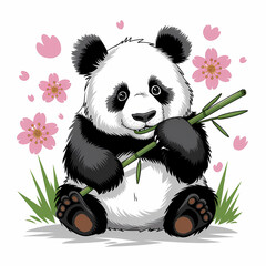 Obraz premium A panda munching on bamboo with cherry blossoms around, Doodle illustration