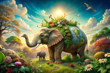 Fototapeta premium A serene, whimsical illustration of a giant elephant and turtle supporting the Earth, surrounded by lush greenery and