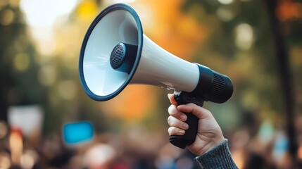 A hand holds a megaphone in a crowd of people.