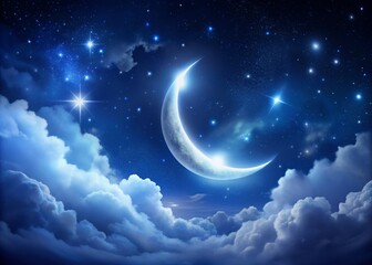 Obraz premium A serene, white crescent moon glows softly against a dark blue starry night sky, surrounded by subtle, swirling
