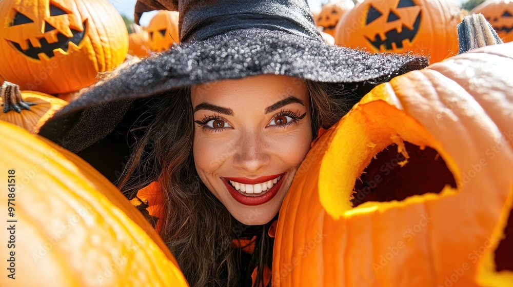 Wall mural Happy Halloween Witch with Pumpkins