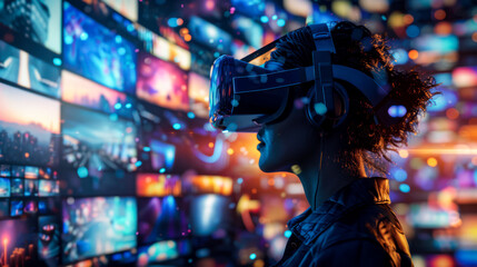 A participant engages with virtual experiences at a conference exploring innovative technologies in a dynamic environment