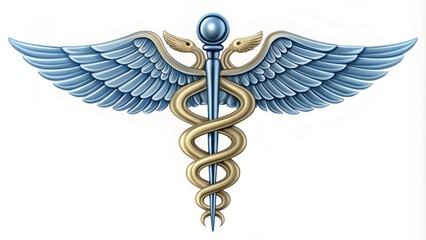 A simple, elegant caduceus emblem, featuring intertwined snakes and wings, symbolizes healthcare, medicine, and