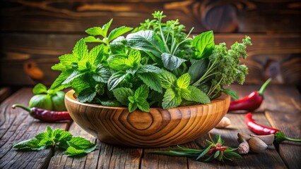 Fresh Thai herbs, basil, mint, and cilantro, fill a wooden bowl, their vibrant colors and fragrant aromas coming