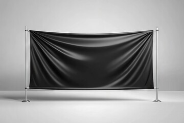 A sleek, modern black banner with a subtle texture, folded and draped elegantly over a minimalist white background,