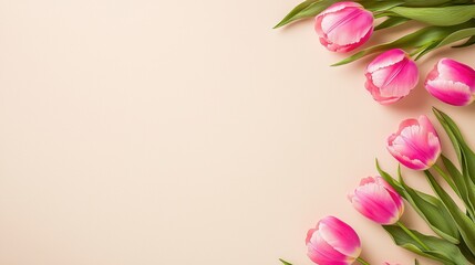 Obraz premium Pink Tulips Border on Beige Background
