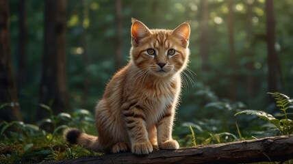 realistic illustration of a cute cat in the forest in day view