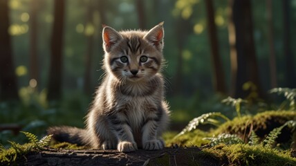 Obraz premium realistic illustration of a cute cat in the forest in day view