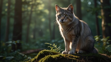 Obraz premium realistic illustration of a cute cat in the forest in day view
