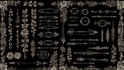 Detailed black and white vintage floral and arrow ornaments collection.