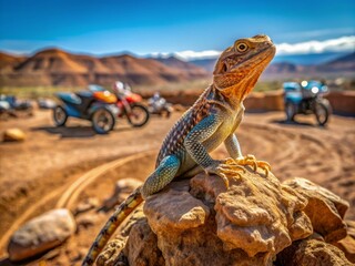 Fototapeta premium A small, colorful reptile perches on a rock at a dusty, sun-scorched outdoor motocross racing event, surrounded by