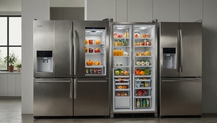 Three stainless steel refrigerators with open doors showing contents inside.