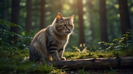 Obraz premium realistic illustration of a cute cat in the forest in day view