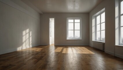 Obraz premium Sunlit empty room with hardwood floors and large windows on all sides