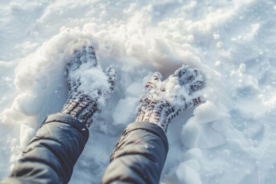 A child's hand making a snow angel in a freshly fallen snowdrift, creating a fleeting moment of winter jo