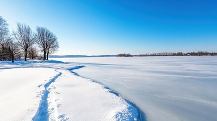 Fototapeta premium Pristine Frozen Lake Landscape with Snow Covered Trees in Winter Wonderland