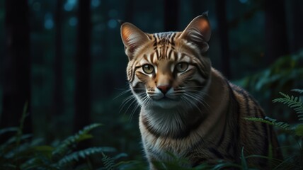 Fototapeta premium realistic illustration of a cute cat in the forest in night view